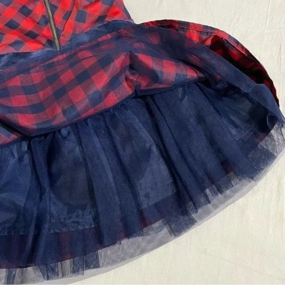 Cat & Jack Dress Girls Size 2T Plaid Red/Navy Velvet Waistband Tulle Lining